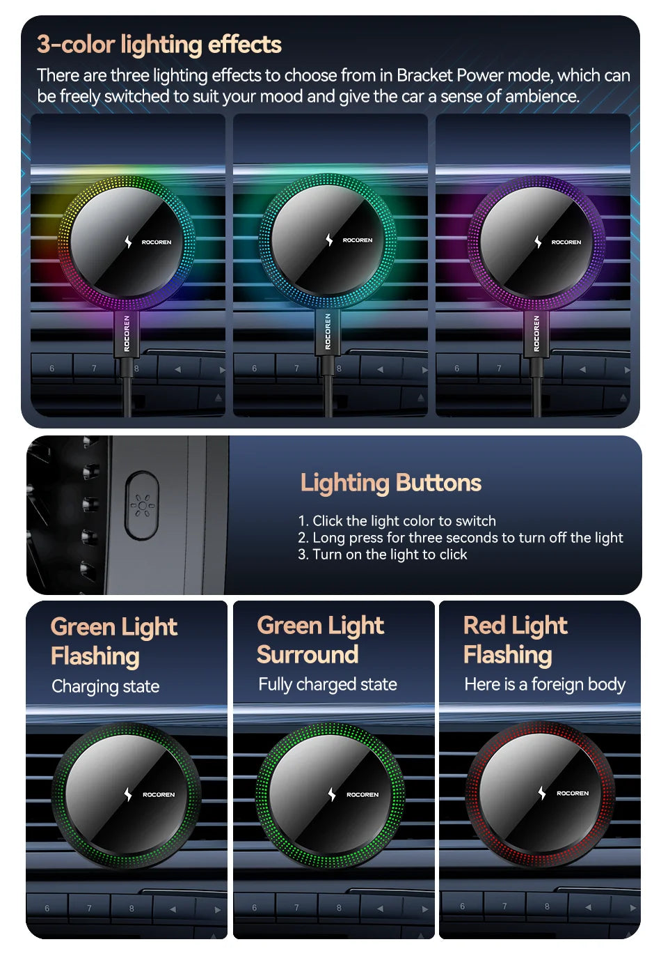 Rocoren MagSafe Car Charger Holder with RGB