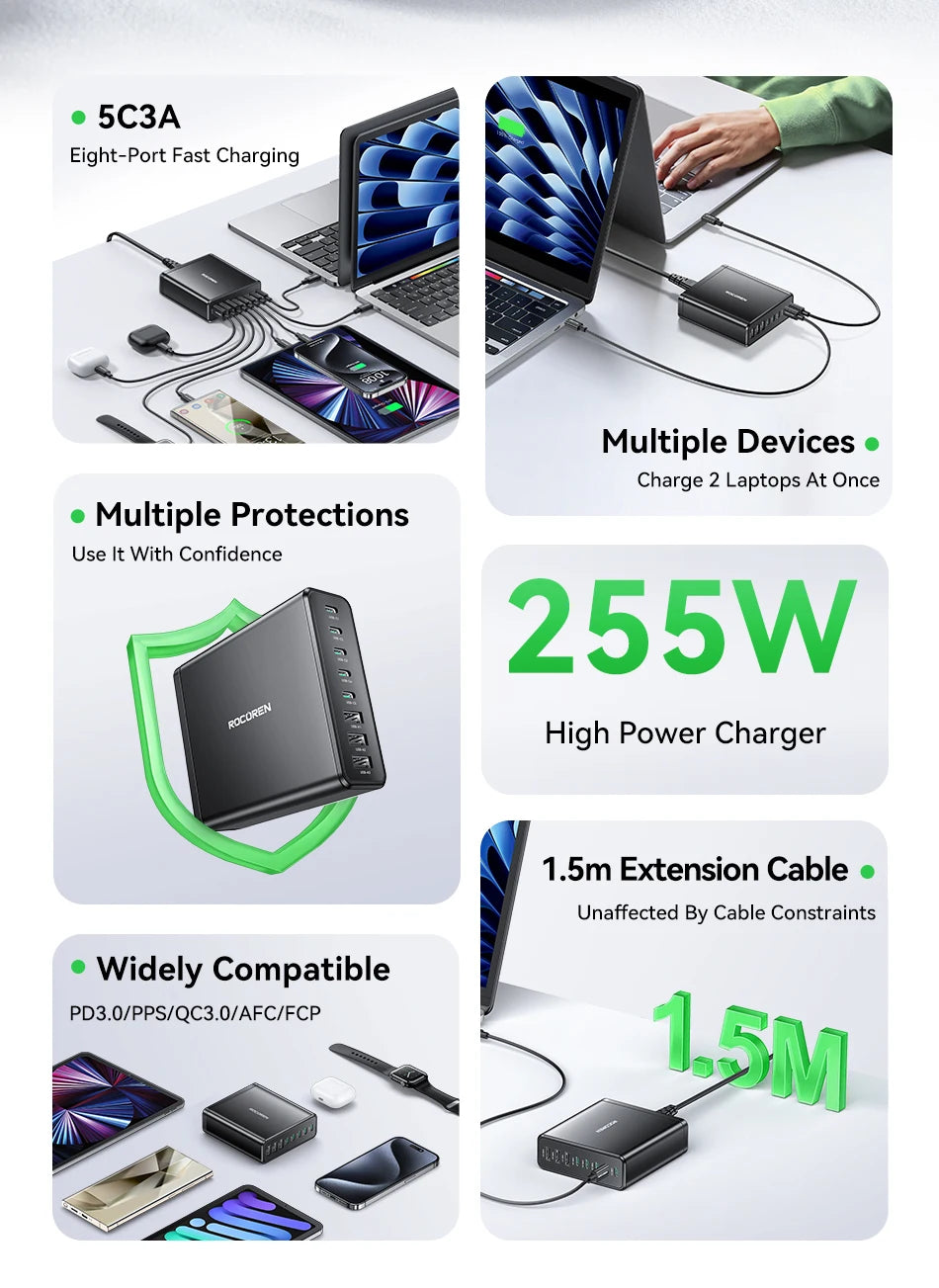 Rocoren 255W 8-Port Desktop Charger