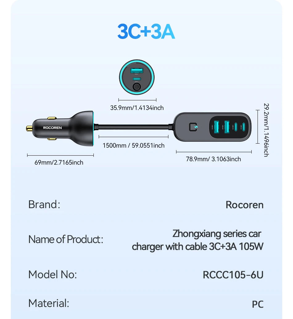 Rocoren 105W 6-Port Car Charger for Front & Back Seat