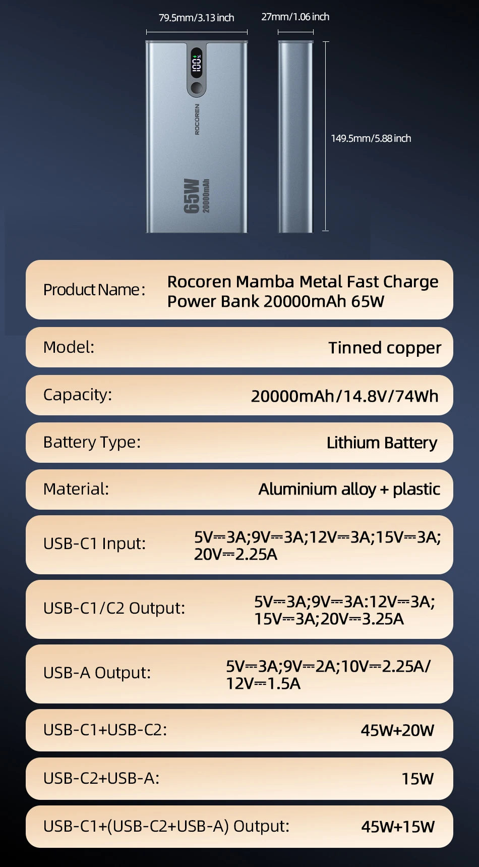 Rocoren 65W Power Bank for Laptop & Phone | 20000mAh Fast Charging