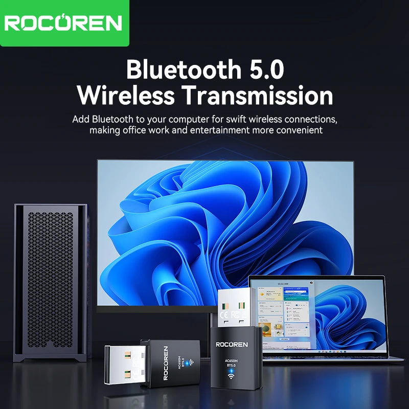 Rocoren Mini Wifi Bluetooth 2 in 1 USB Wireless Adapter Bluetooth 5.0 Wireless Transmission for PC Laptop Mouse Network Card