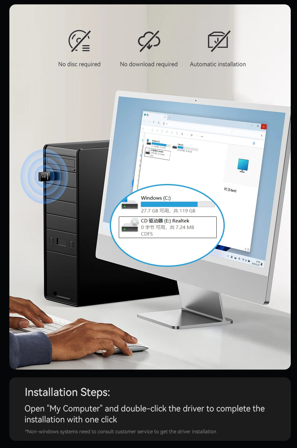Rocoren Mini Wifi Bluetooth 2 in 1 USB Wireless Adapter Bluetooth 5.0 Wireless Transmission for PC Laptop Mouse Network Card