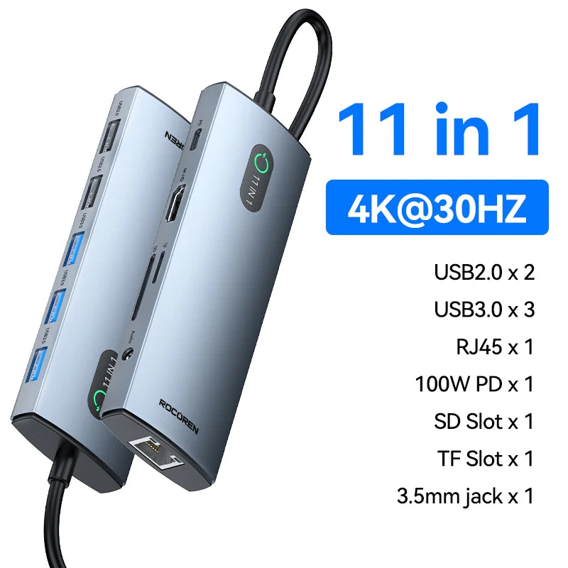 Rocoren 11 in 1 USB C Hub PD 100W RJ45 SD Reader USB 3.0 Splitter 8 in 1 Dock Station For Macbook Air Pro Samsung Xiaomi Laptop