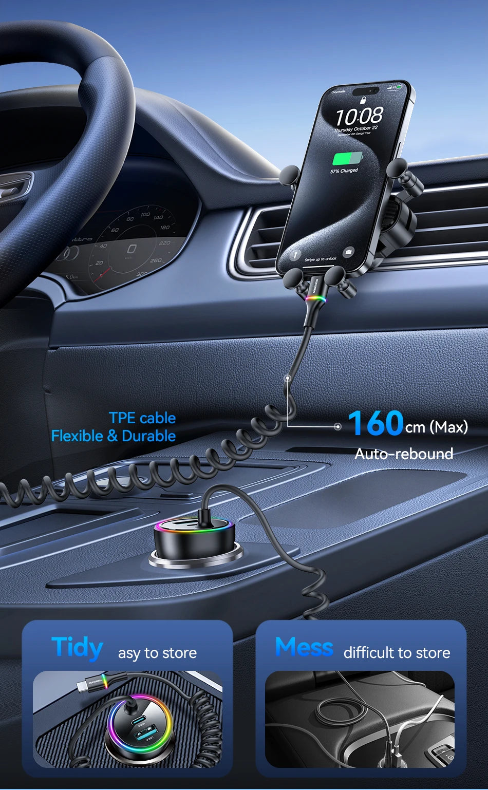 Rocoren 70W Car Charger with Spring Cable