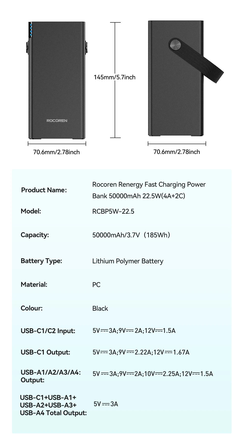 Rocoren 50000mAh Power Bank with Flashlight