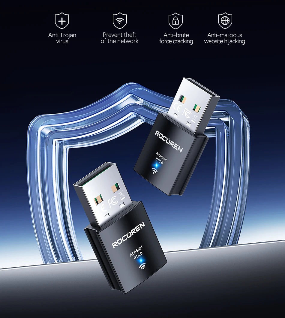 Rocoren Mini Wifi Bluetooth 2 in 1 USB Wireless Adapter Bluetooth 5.0 Wireless Transmission for PC Laptop Mouse Network Card