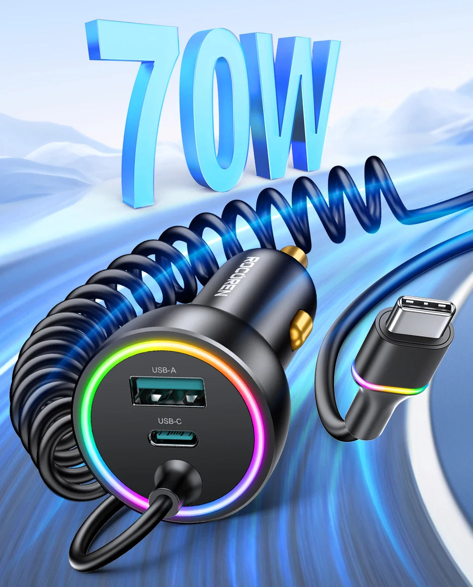 Rocoren 70W Car Charger with Spring Cable