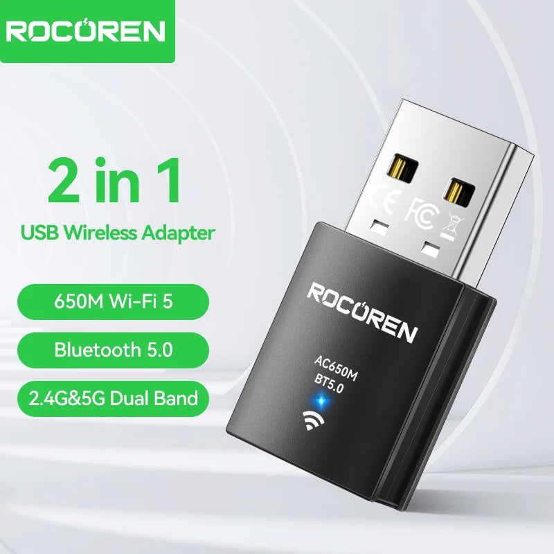 Rocoren Mini Wifi Bluetooth 2 in 1 USB Wireless Adapter Bluetooth 5.0 Wireless Transmission for PC Laptop Mouse Network Card