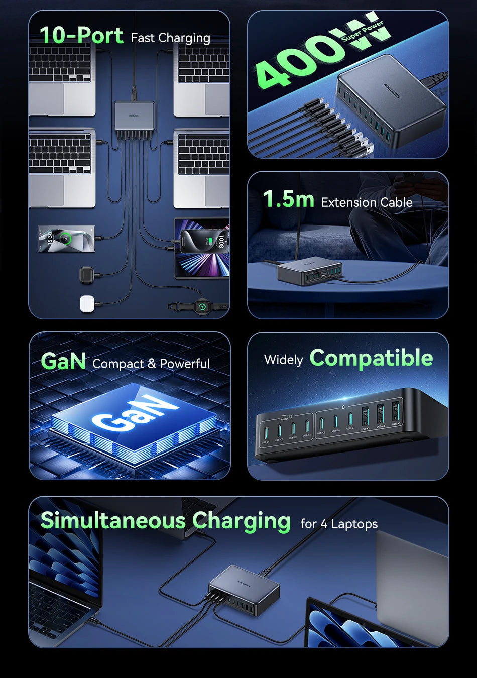 Rocoren 400W 10-Port Desktop Charging Station