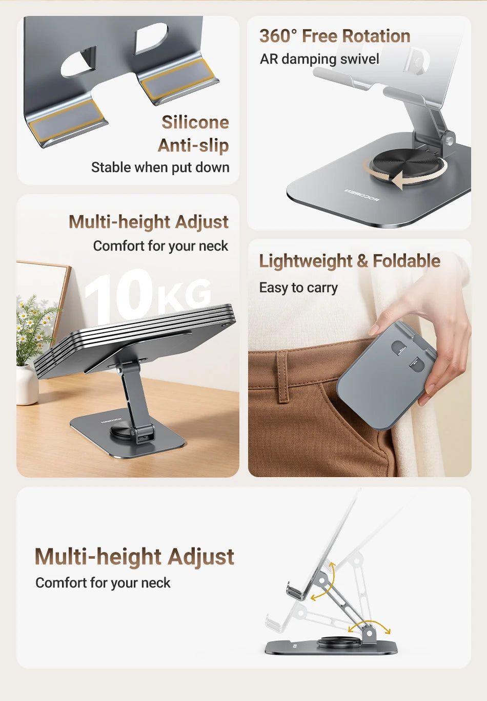 Rocoren Foldable Metal Phone Stand with 360° Rotation