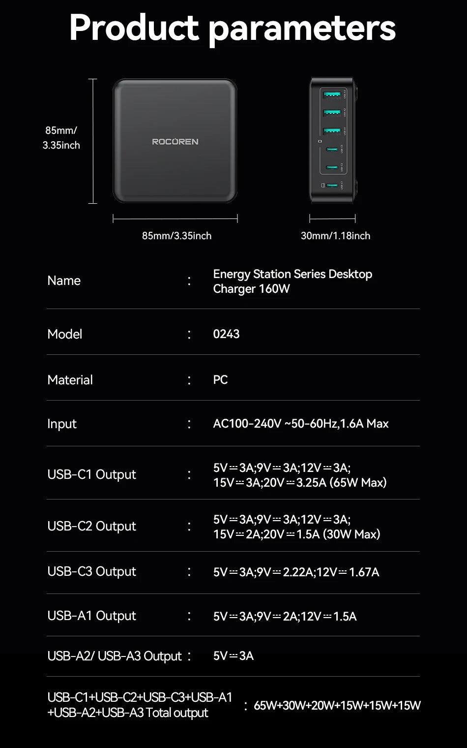 Rocoren 160W 6-Ports Desktop Charger