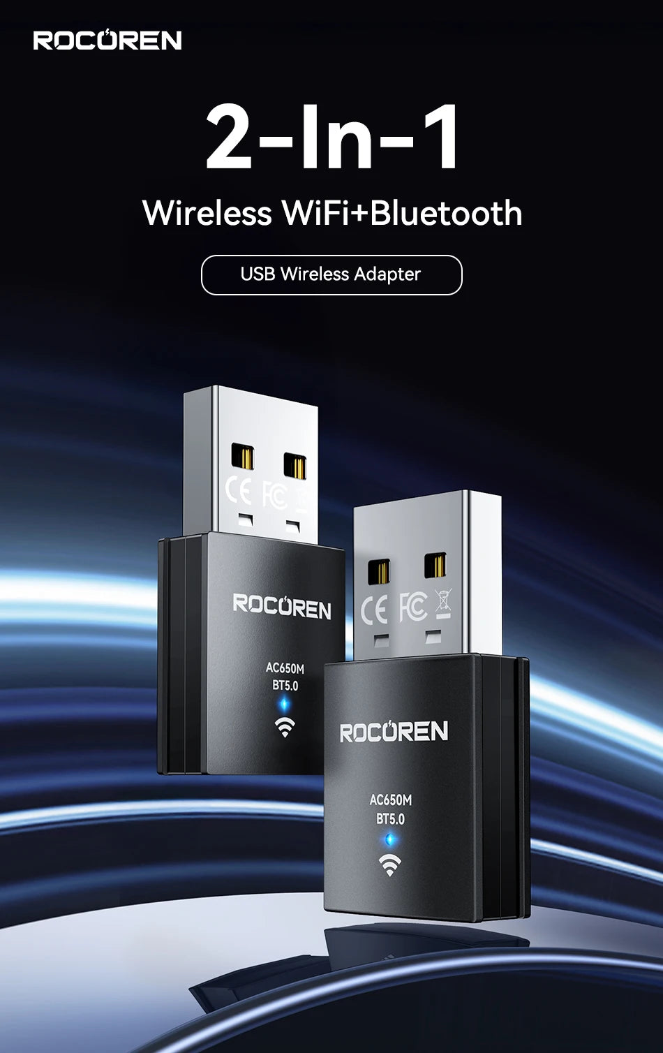Rocoren Mini Wifi Bluetooth 2 in 1 USB Wireless Adapter Bluetooth 5.0 Wireless Transmission for PC Laptop Mouse Network Card