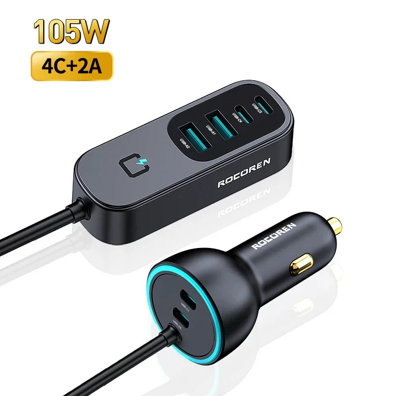 Rocoren 105W 6-Port Car Charger for Front & Back Seat