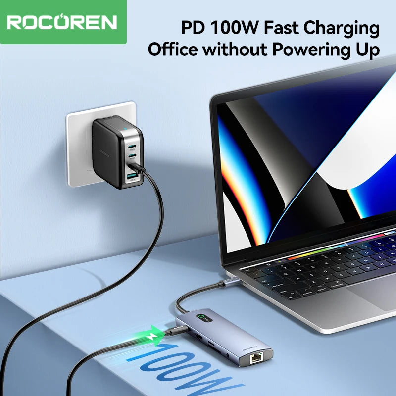 Rocoren 11 in 1 USB C Hub PD 100W RJ45 SD Reader USB 3.0 Splitter 8 in 1 Dock Station For Macbook Air Pro Samsung Xiaomi Laptop