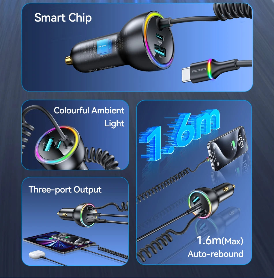 Rocoren 70W Car Charger with Spring Cable