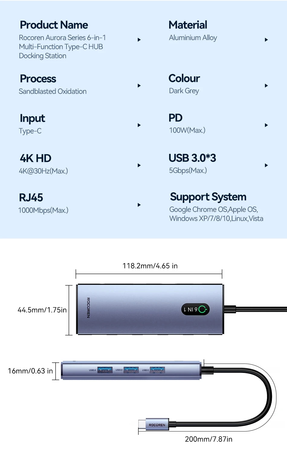 Rocoren 11 in 1 USB C Hub PD 100W RJ45 SD Reader USB 3.0 Splitter 8 in 1 Dock Station For Macbook Air Pro Samsung Xiaomi Laptop