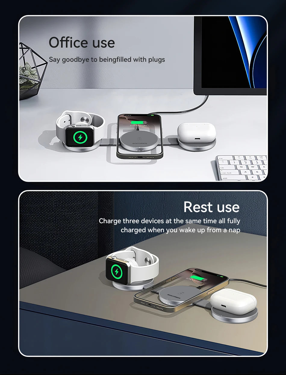 Rocoren Magnetic 3-in-1 Wireless Charging Station