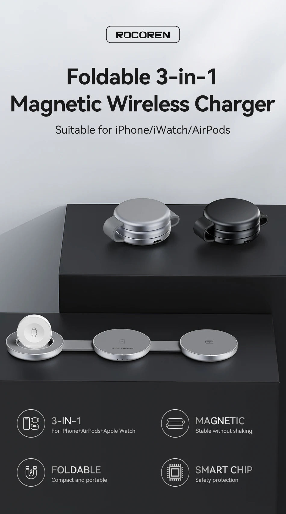 Rocoren Magnetic 3-in-1 Wireless Charging Station