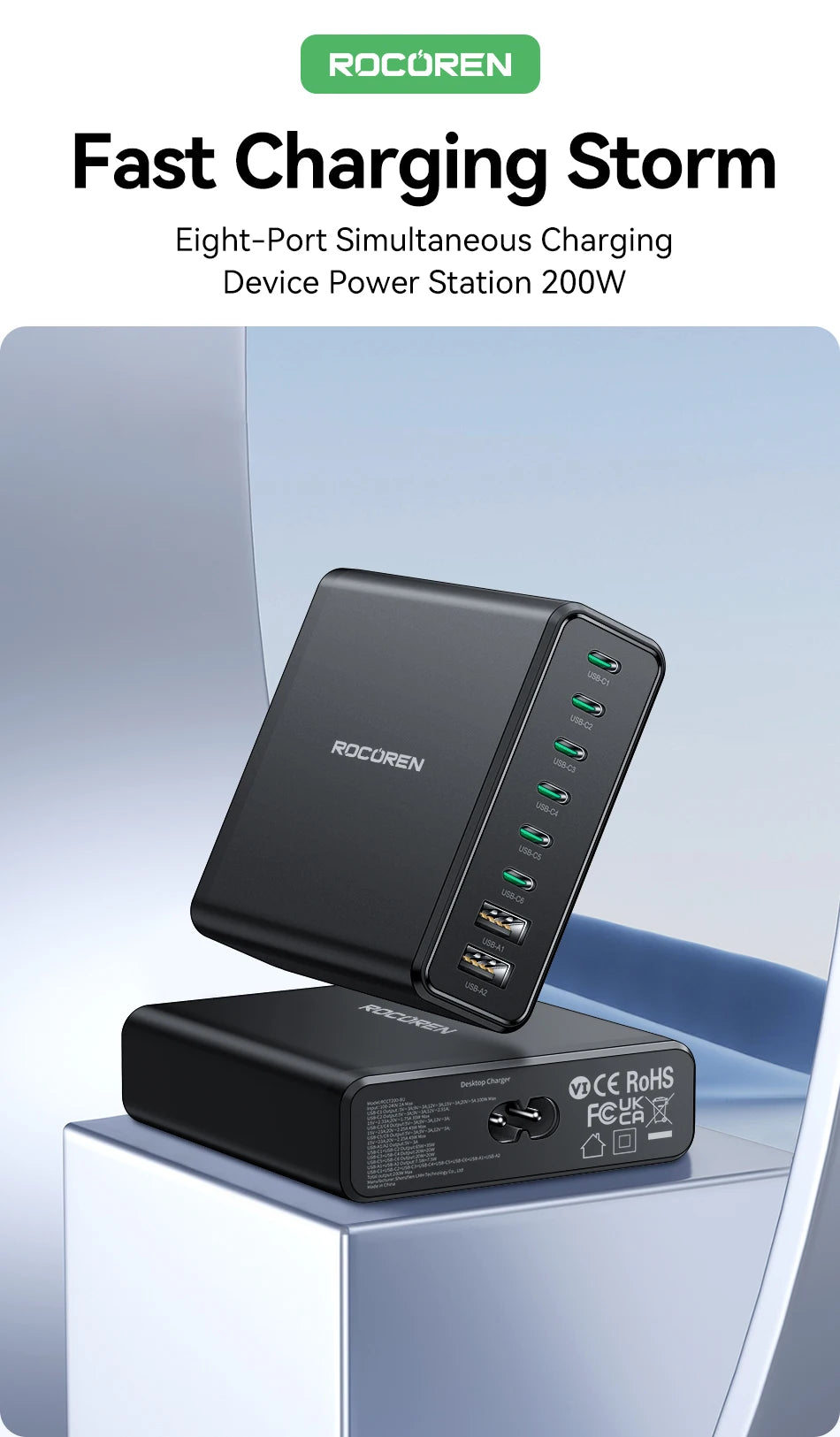 Rocoren 200W 8-Port Desktop Charger