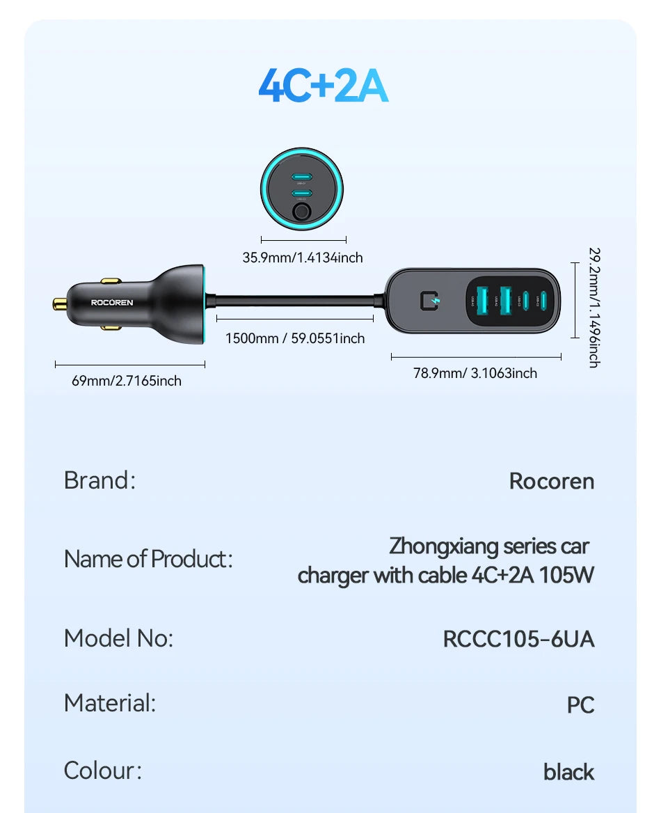 Rocoren 105W 6-Port Car Charger for Front & Back Seat