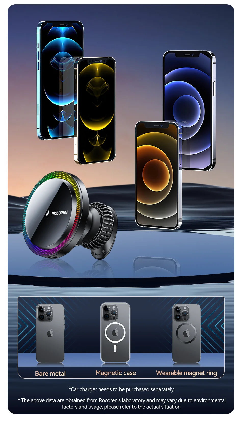 Rocoren MagSafe Car Charger Holder with RGB