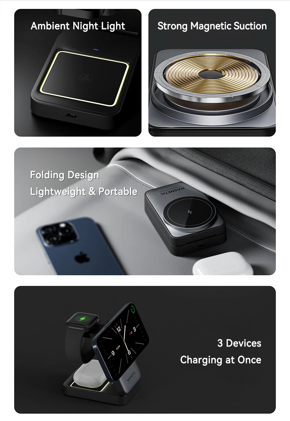 Rocoren Portable 3-in-1 Wireless Charger with Night Light