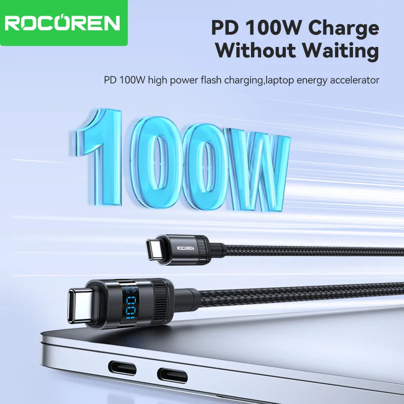 Rocoren 100W USB Type C Cable With Digital Display 5A PD3.1 Fast Charge Type-C Cable For MacBook iPhone 16 15 Pro Samsung Xiaomi