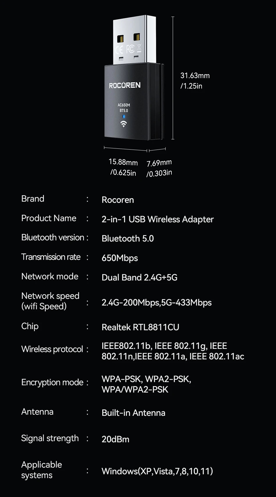 Rocoren Mini Wifi Bluetooth 2 in 1 USB Wireless Adapter Bluetooth 5.0 Wireless Transmission for PC Laptop Mouse Network Card