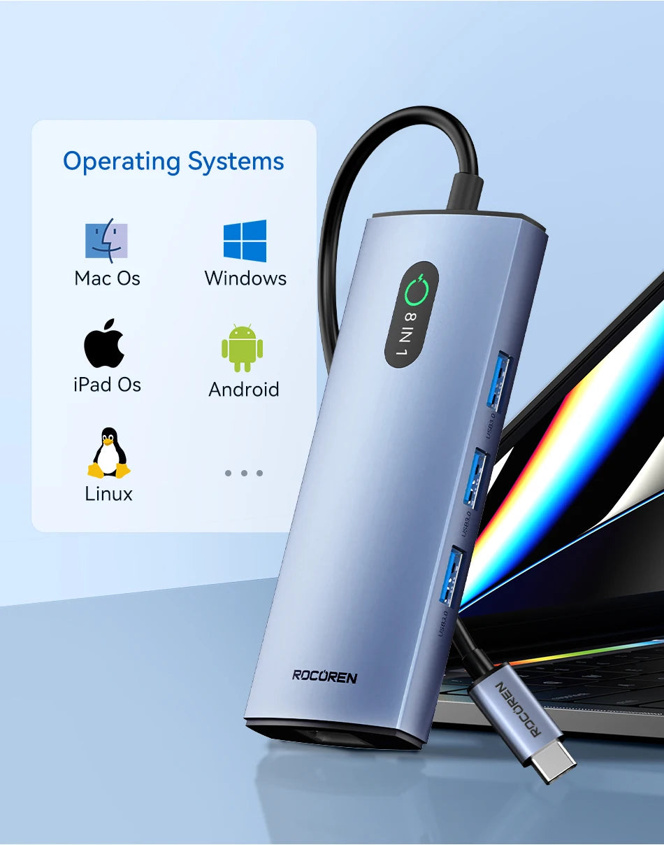 Rocoren 11 in 1 USB C Hub PD 100W RJ45 SD Reader USB 3.0 Splitter 8 in 1 Dock Station For Macbook Air Pro Samsung Xiaomi Laptop