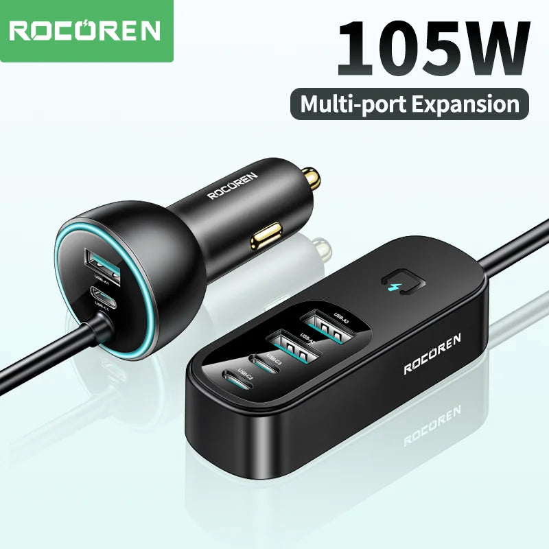 Rocoren 105W 6-Port Car Charger for Front & Back Seat