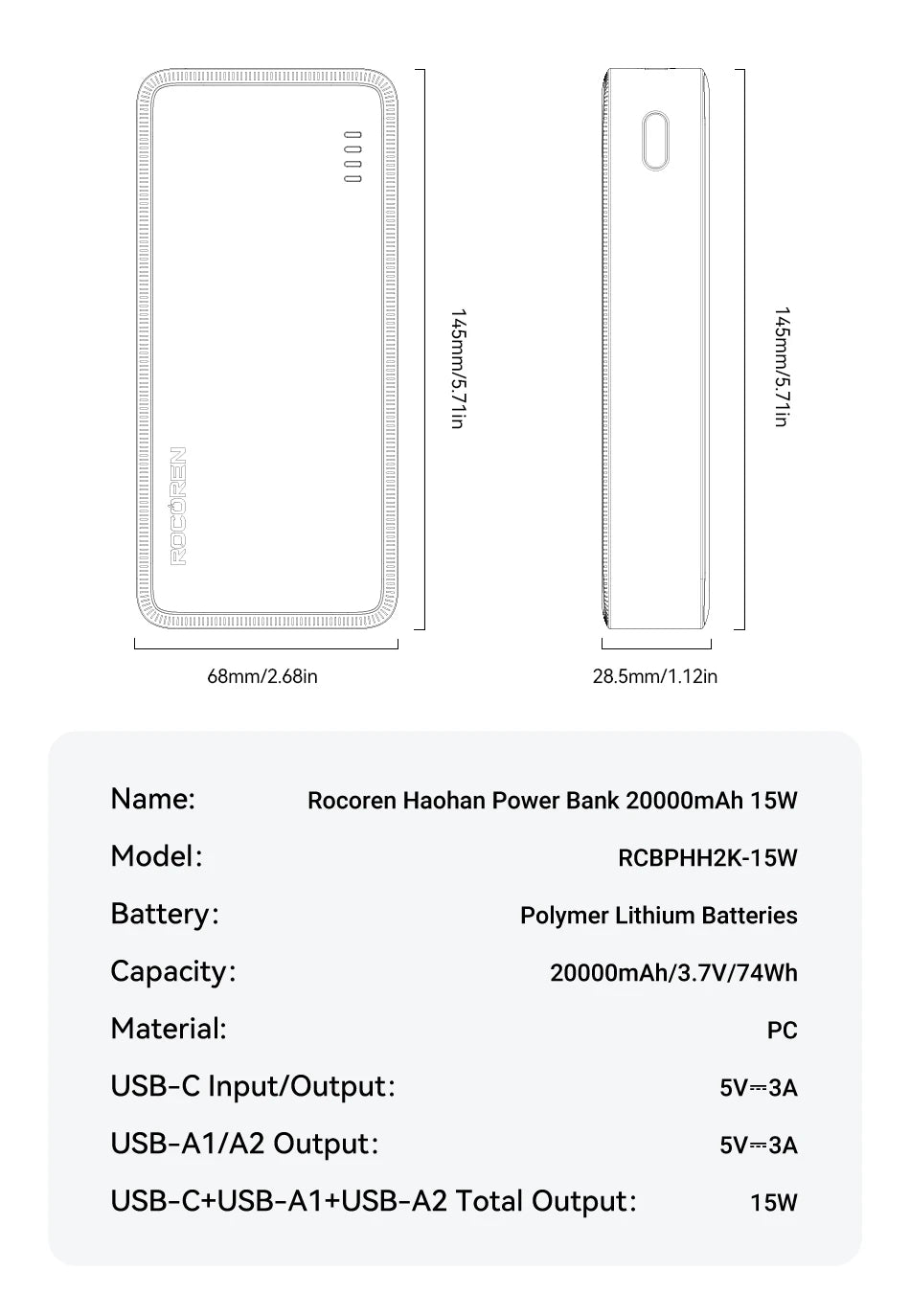 Rocoren 20000mAh 15W Power Bank