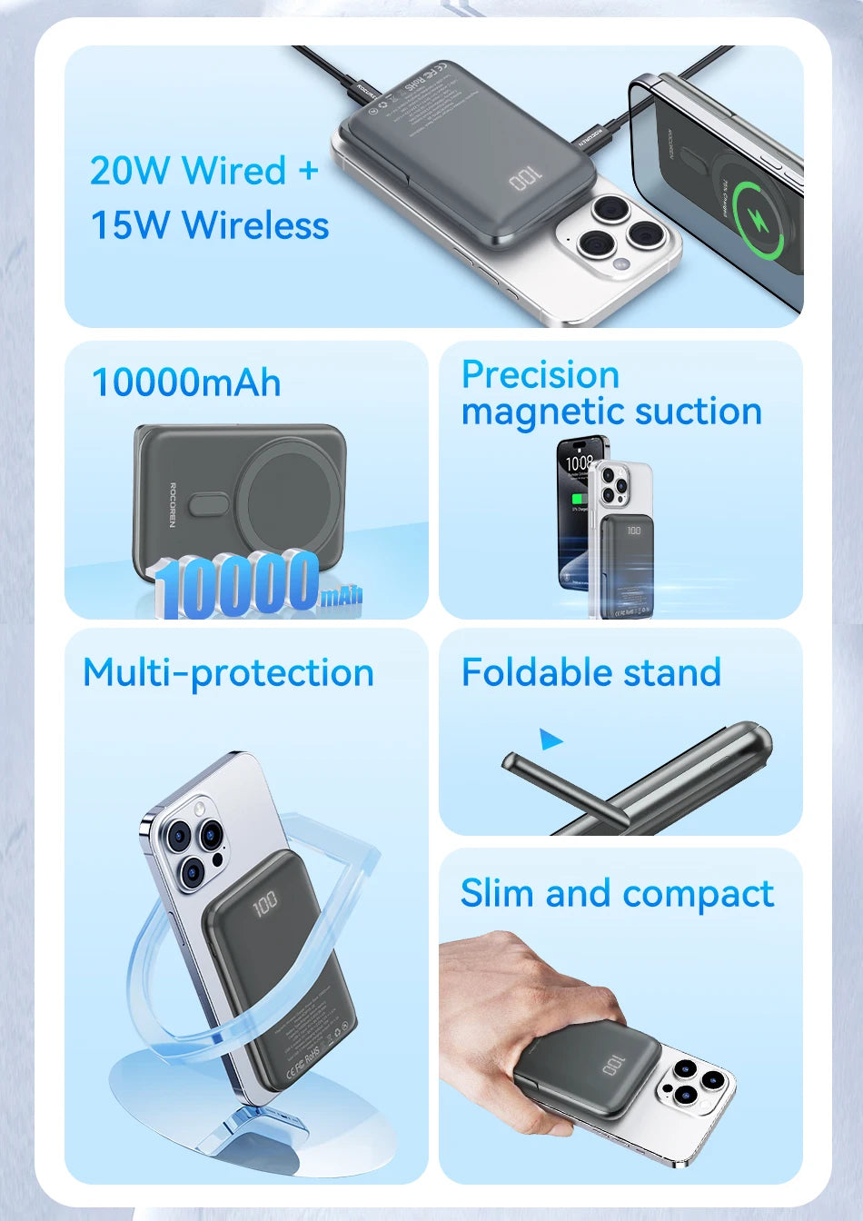 Rocoren 10000mAh MagSafe Power Bank & Charging Stand