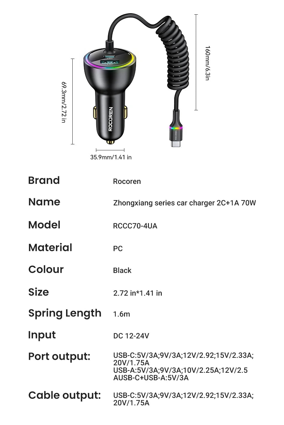 Rocoren 70W Car Charger with Spring Cable