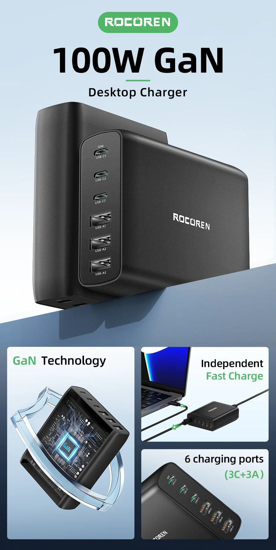 Rocoren 100W 6-Port Desktop Charger