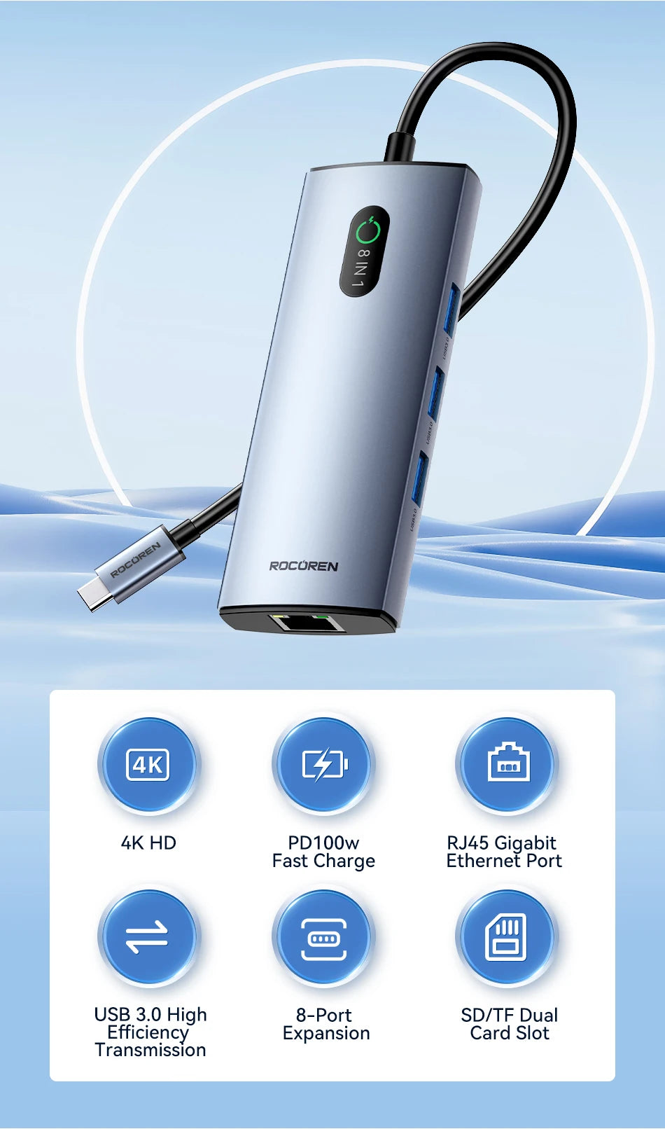 Rocoren 11 in 1 USB C Hub PD 100W RJ45 SD Reader USB 3.0 Splitter 8 in 1 Dock Station For Macbook Air Pro Samsung Xiaomi Laptop