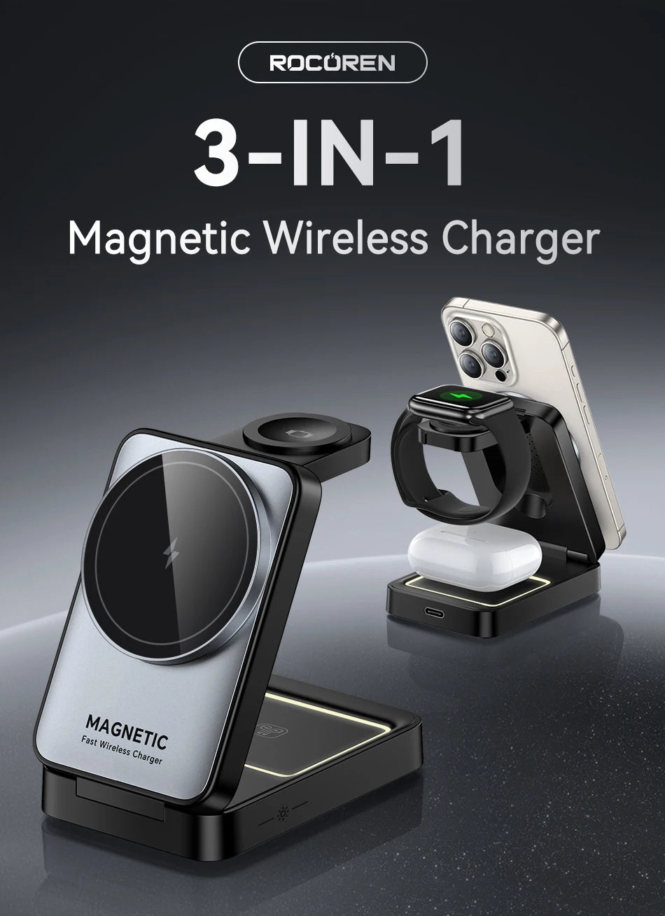 Rocoren Portable 3-in-1 Wireless Charger with Night Light