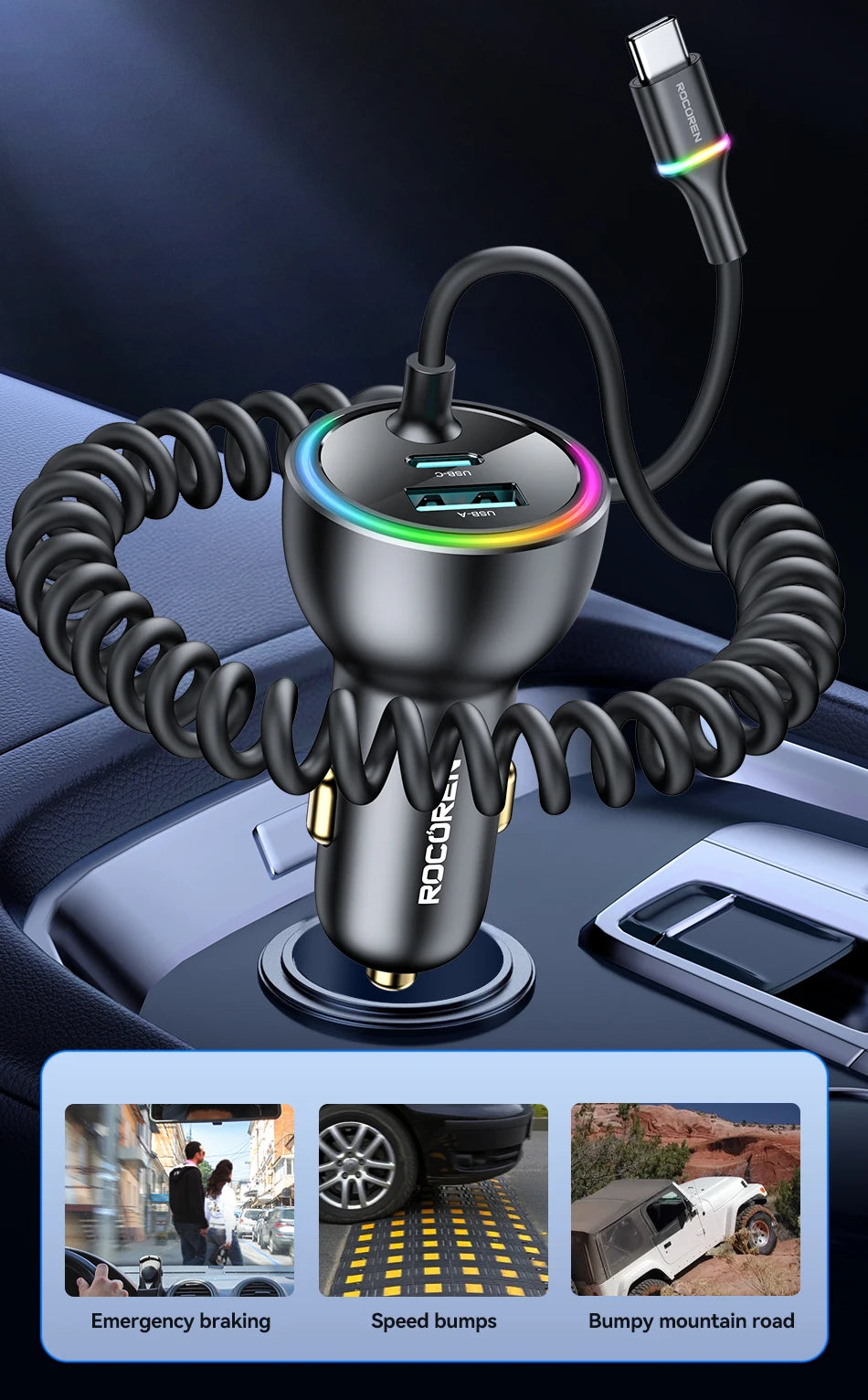 Rocoren 70W Car Charger with Spring Cable