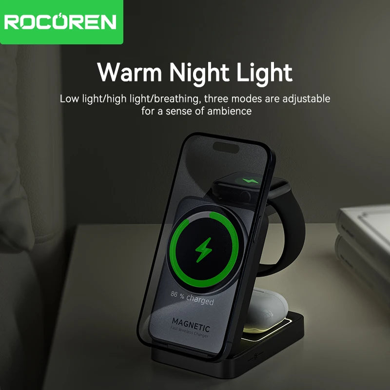 Rocoren Portable 3-in-1 Wireless Charger with Night Light