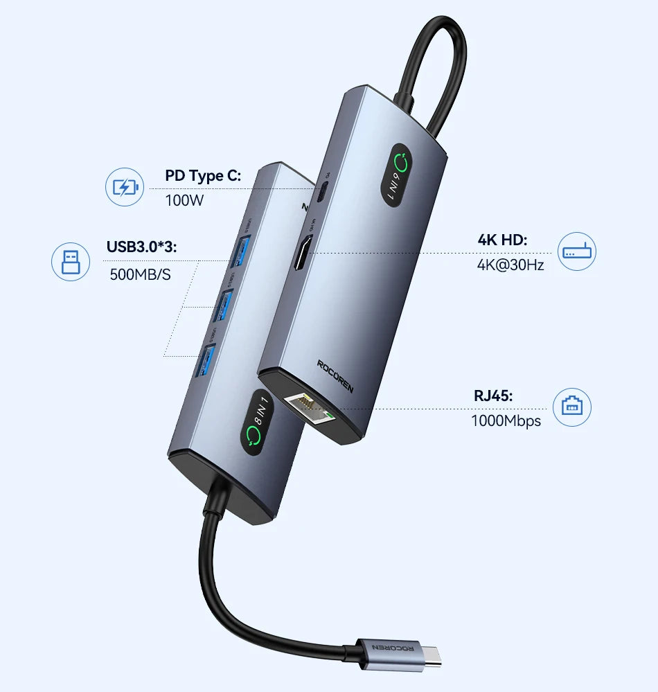 Rocoren 11 in 1 USB C Hub PD 100W RJ45 SD Reader USB 3.0 Splitter 8 in 1 Dock Station For Macbook Air Pro Samsung Xiaomi Laptop