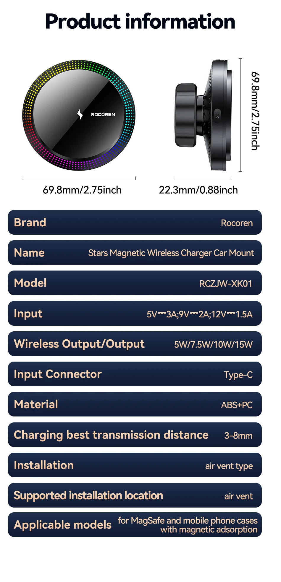 Rocoren MagSafe Car Charger Holder with RGB