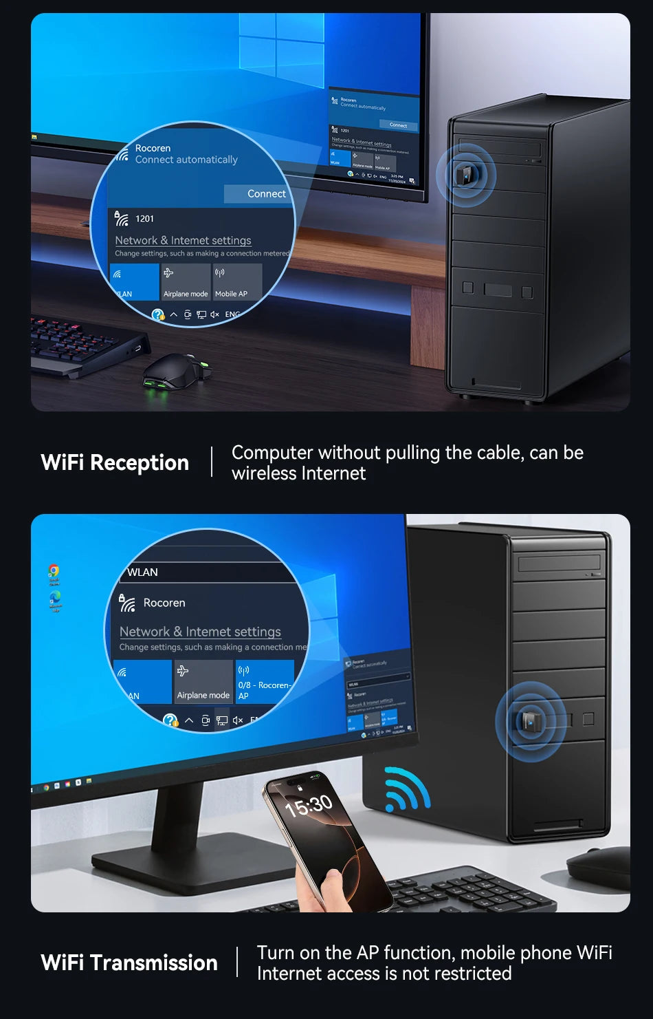 Rocoren Mini Wifi Bluetooth 2 in 1 USB Wireless Adapter Bluetooth 5.0 Wireless Transmission for PC Laptop Mouse Network Card