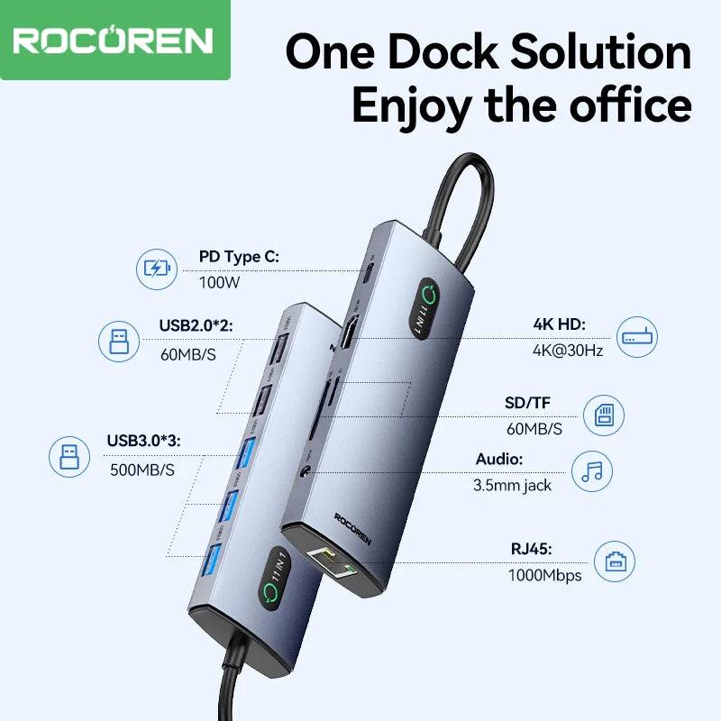Rocoren 11 in 1 USB C Hub PD 100W RJ45 SD Reader USB 3.0 Splitter 8 in 1 Dock Station For Macbook Air Pro Samsung Xiaomi Laptop