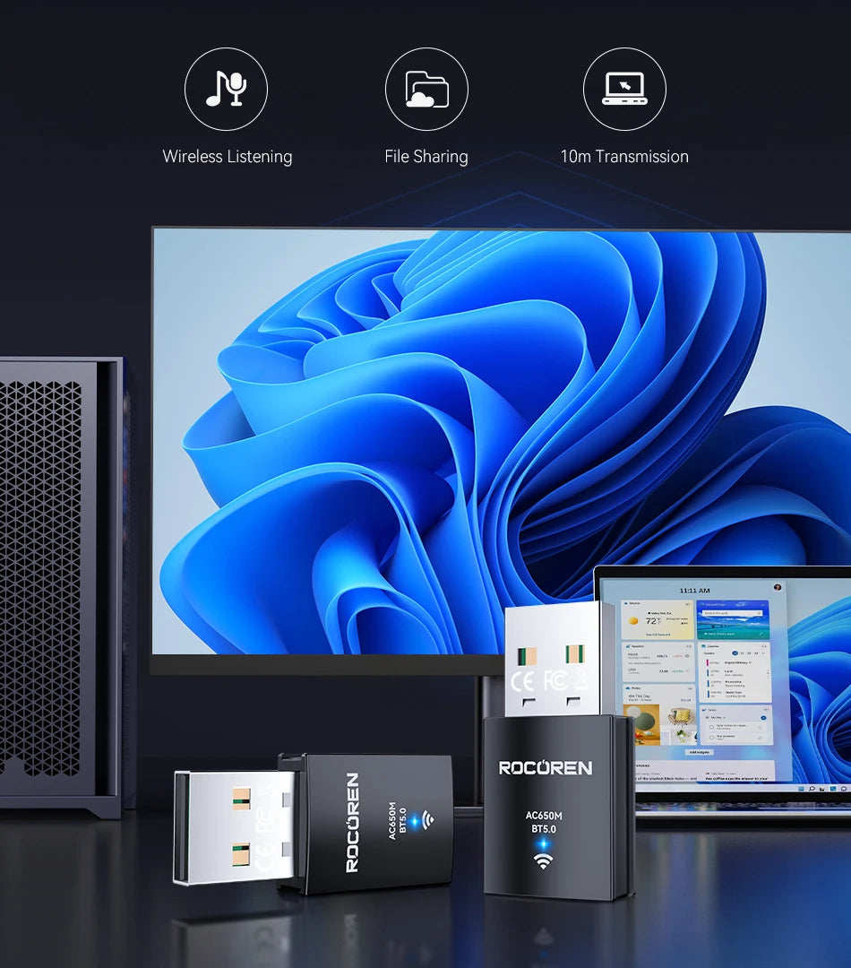 Rocoren Mini Wifi Bluetooth 2 in 1 USB Wireless Adapter Bluetooth 5.0 Wireless Transmission for PC Laptop Mouse Network Card